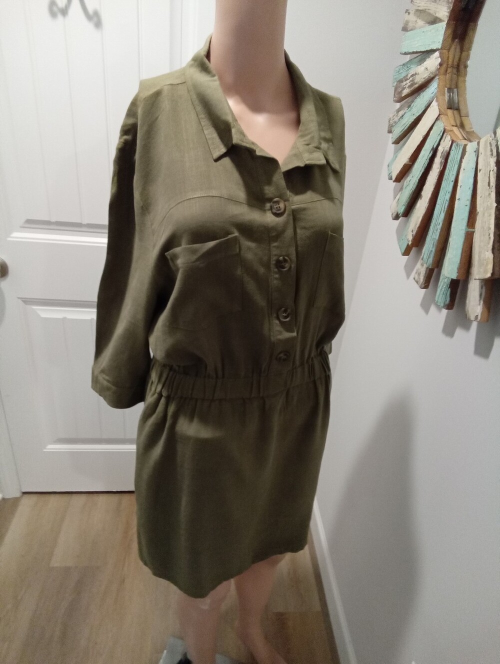 Umgee Sz S NWT Olive Green Linen Blend Button Front Utility Shirt/Dress Boho